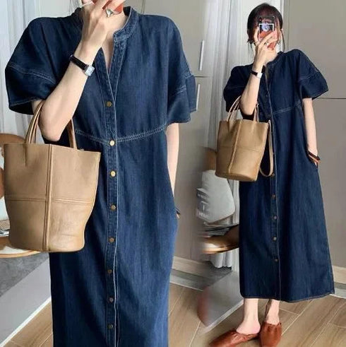 Slimming Women's Denim Dress Medium Length Short Sleeves Smooth Silhouette
